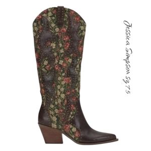 Jessica Simpson Brown Knee High Floral Western Heels Boots Sz 7.5